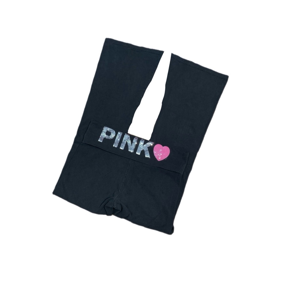 Y2K VICTORIA'S SECRET PINK FOLDOVER FLARE LEGGINGS – SEQUIN HEART LOGO BLING